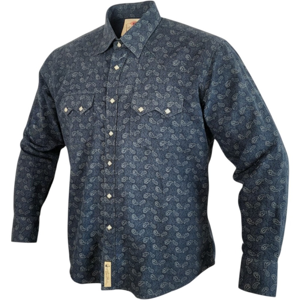 LARRY MAHAN Cowboy Collection Mens L Blue Paisley Western Pearl Snap Ranch Rodeo